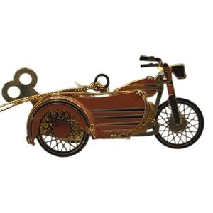 Baldwin 2008 Wind Up Motorcycle with Sidecar Ornament Gold Tone Enamel